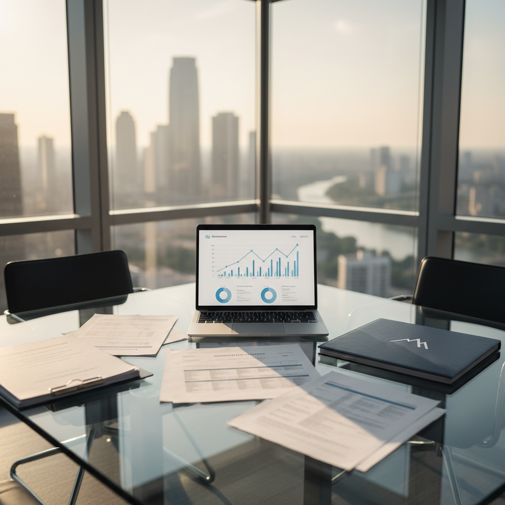 A sleek glass conference table covered with neatly arranged business sale documents, valuation reports, and a silver laptop displaying a clean financial dashboard. Beside the laptop, a closed navy blue folder embossed with a subtle mountain peak logo symbolizes ascent and growth. The table sits in a modern corner office with floor-to-ceiling windows overlooking a softly blurred city skyline. Late afternoon natural light filters in, creating gentle reflections on the glass surface and soft shadows across the papers. Photographed at an eye-level angle with a shallow depth of field, the focus is on the documents and folder, conveying professionalism, clarity, and trust. The photographic realism and clean, modern aesthetic communicate expert business brokerage guidance without any human presence.